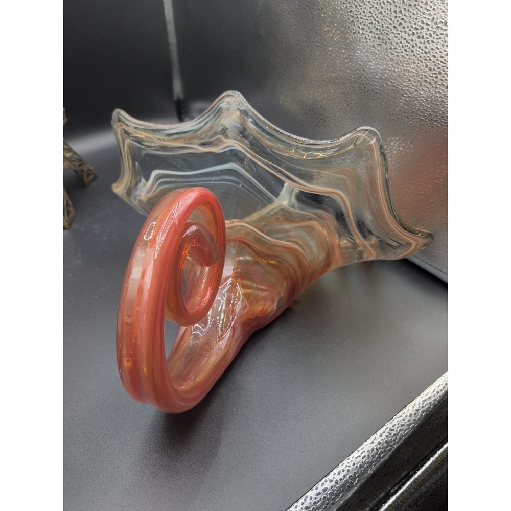Vtg. large Sooner Art Hand Blown Glass Lotus Cornucopia Orange Vase - Picture 3 of 10